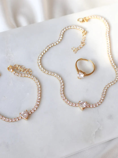 Shiny Love Silver Plated Brass Chain Heart Choker Bracelet Ring Set