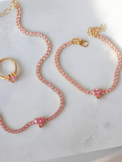 Shiny Love Silver Plated Brass Chain Heart Choker Bracelet Ring Set