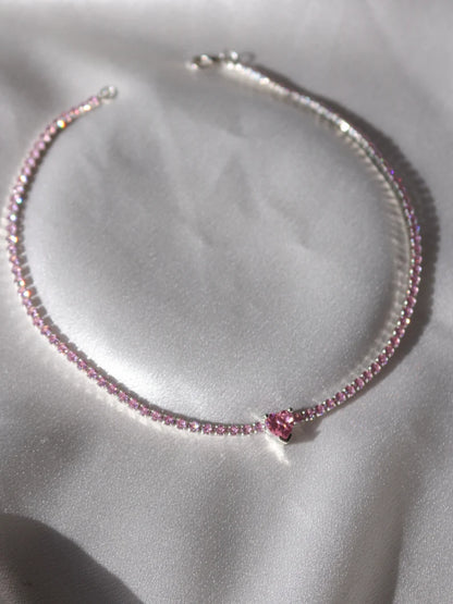 Shiny Love Silver Plated Brass Chain Heart Choker Bracelet Ring Set