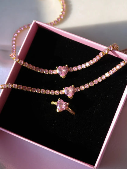 Shiny Love Silver Plated Brass Chain Heart Choker Bracelet Ring Set