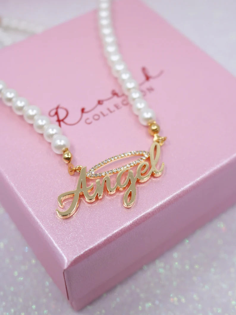 Angel Pearl Name Necklace Gold Plated, Angel Halo Necklace, Glass Pearl Necklace