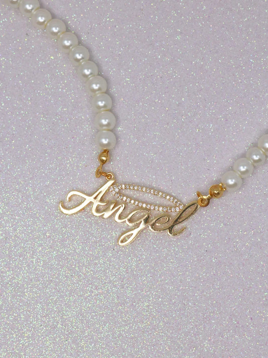 Angel Pearl Name Necklace Gold Plated, Angel Halo Necklace, Glass Pearl Necklace