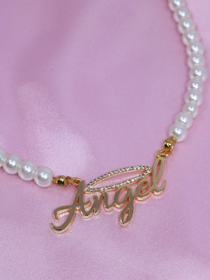 Angel Pearl Name Necklace Gold Plated, Angel Halo Necklace, Glass Pearl Necklace