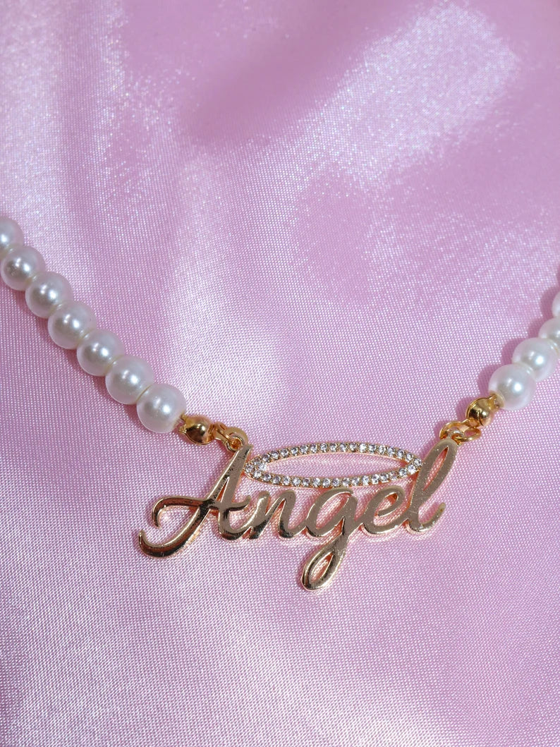 Angel Pearl Name Necklace Gold Plated, Angel Halo Necklace, Glass Pearl Necklace