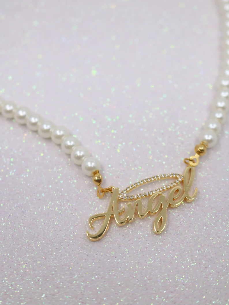 Angel Pearl Name Necklace Gold Plated, Angel Halo Necklace, Glass Pearl Necklace