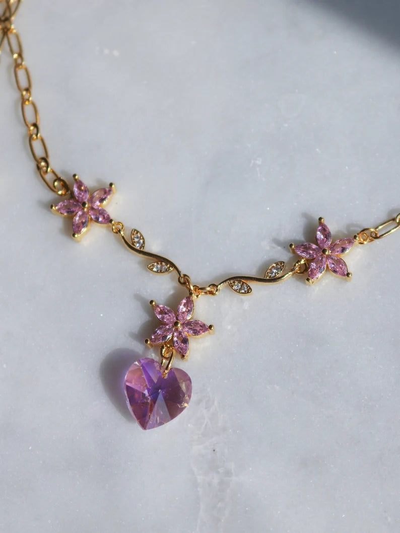 Diamond Chateau Princess Flower Heart Necklace, Friendship Necklaces