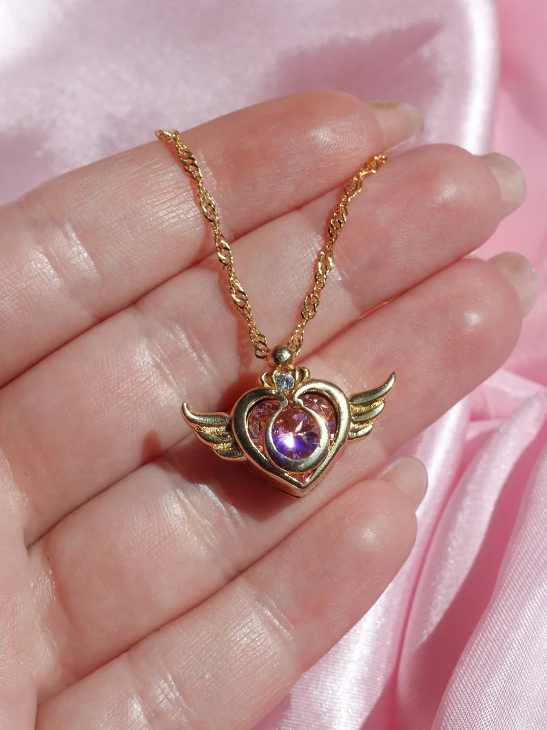 Sailor Usagi Moon Warrior Crisis Power Compact Necklace, Heart Wings Necklace