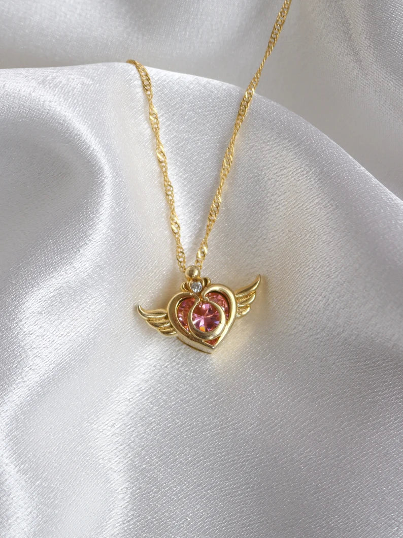 Sailor Usagi Moon Warrior Crisis Power Compact Necklace, Heart Wings Necklace