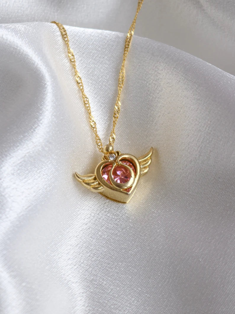 Sailor Usagi Moon Warrior Crisis Power Compact Necklace, Heart Wings Necklace