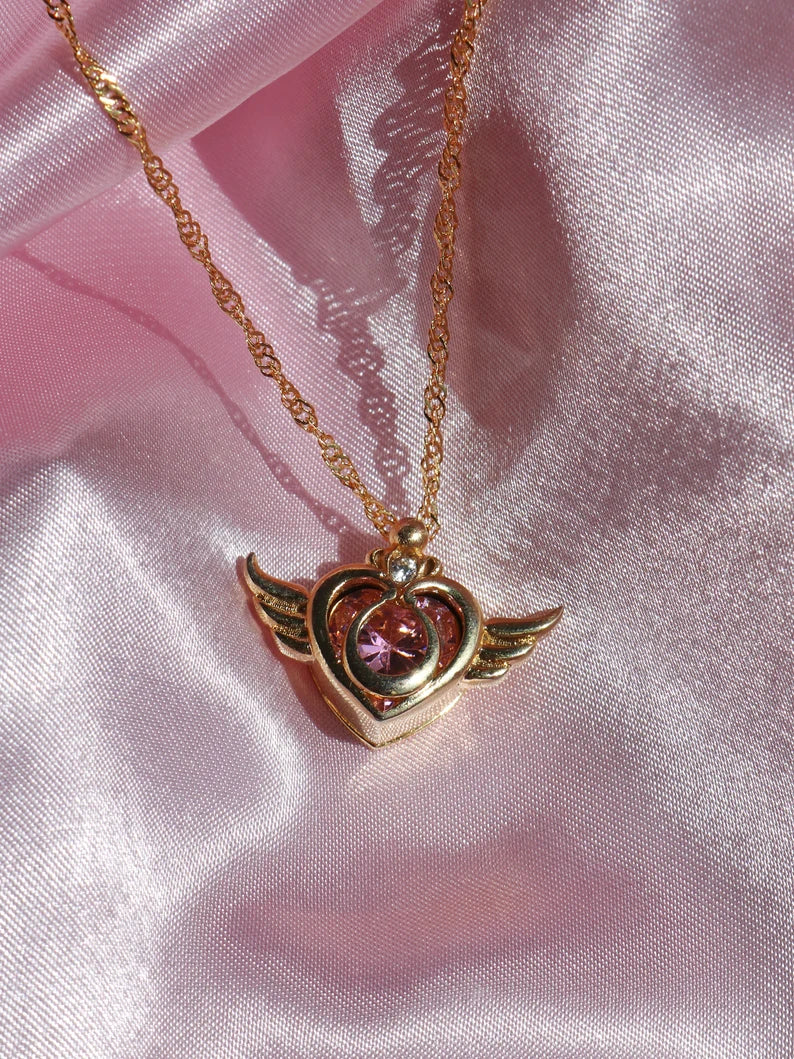 Sailor Usagi Moon Warrior Crisis Power Compact Necklace, Heart Wings Necklace