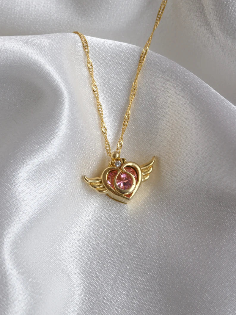 Sailor Usagi Moon Warrior Crisis Power Compact Necklace, Heart Wings Necklace