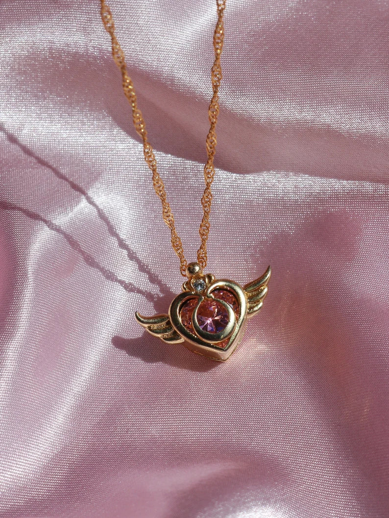 Sailor Usagi Moon Warrior Crisis Power Compact Necklace, Heart Wings Necklace