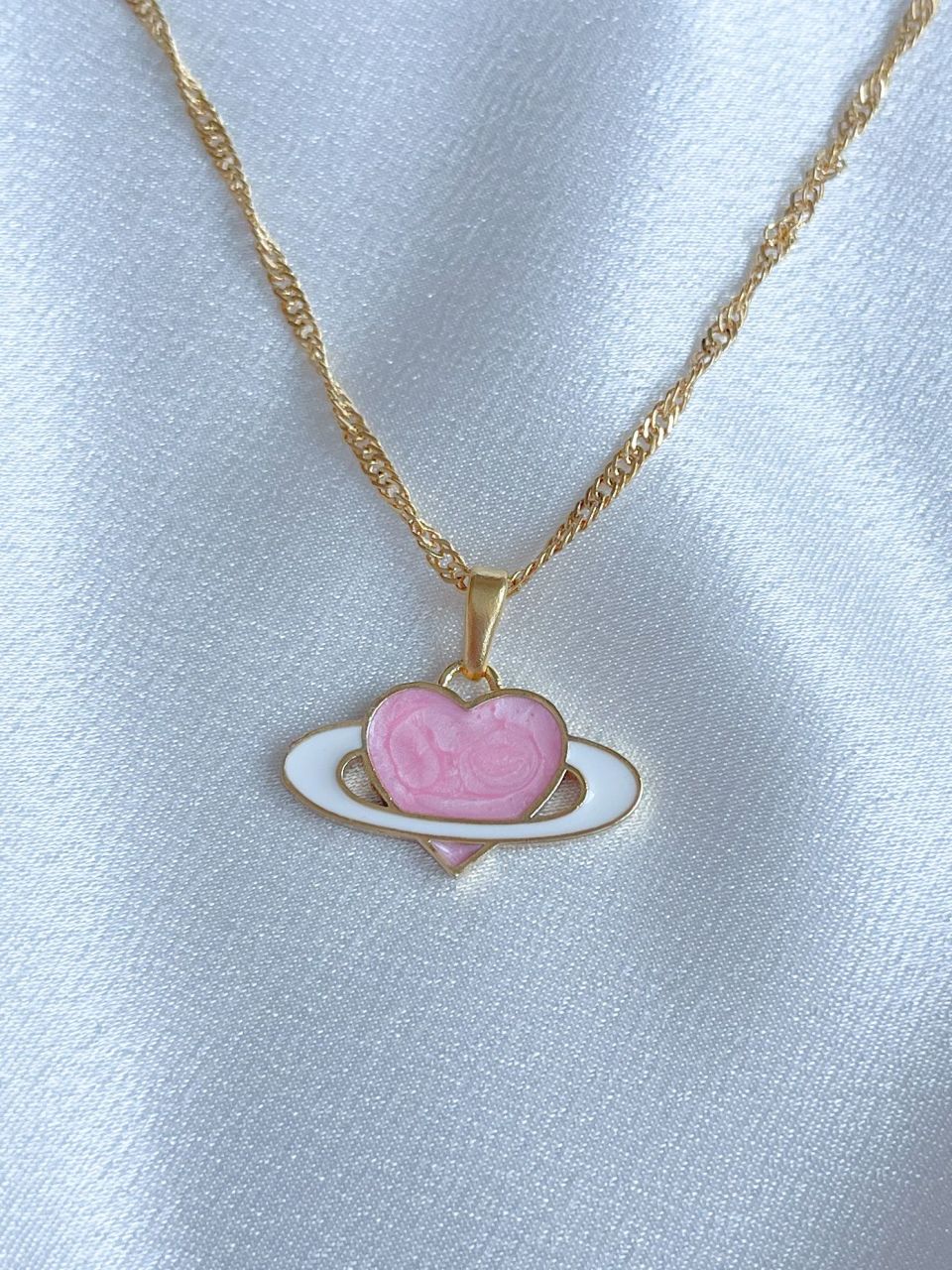 Love Saturn Pearl Necklace and Earrings Set Gold Plated, Heart Shape Saturn Necklace, Pink Saturn Earrings