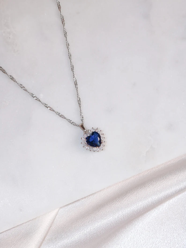 Titanic Necklace, Heart of Ocean Blue Diamond Necklace, Zirconia Heart Necklace Brass Silver Plated, Gift for Her