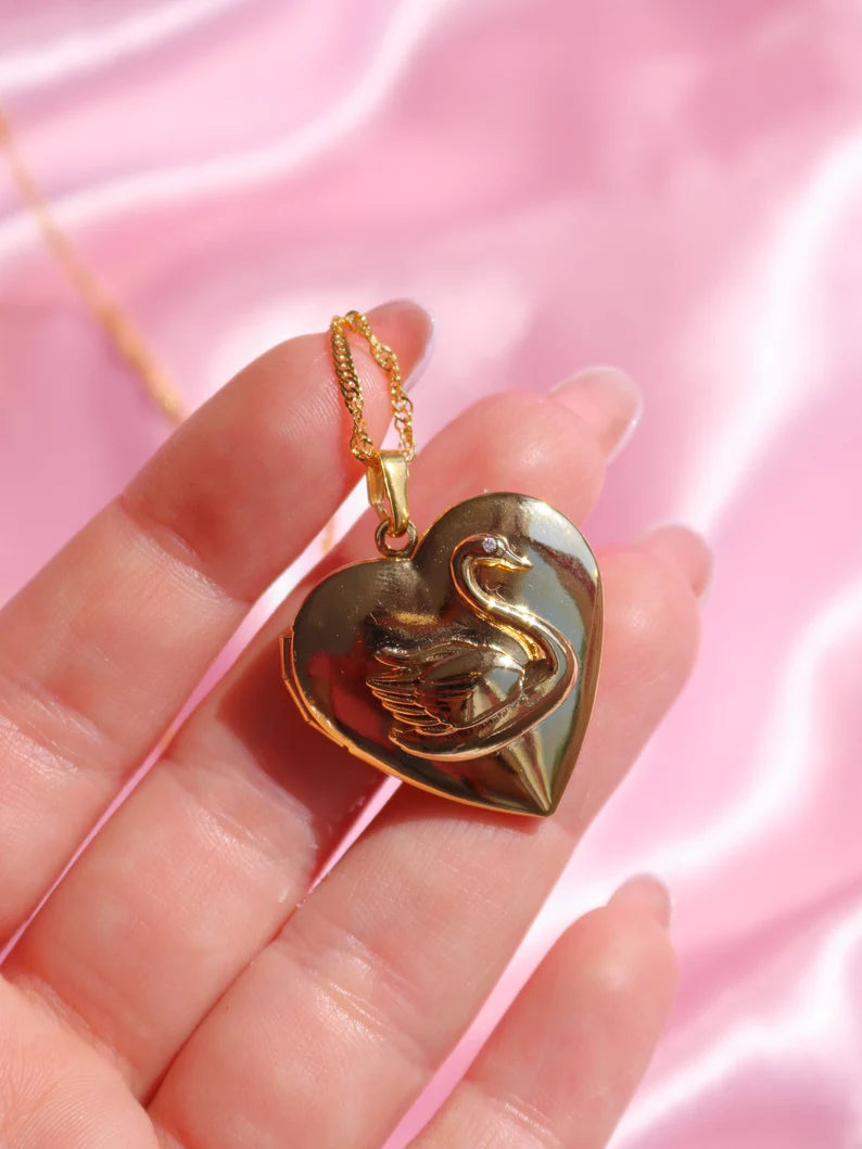 Swan Princess Odette Heart Amulet Necklace, Gold or Silver Plated Locket Heart Necklace