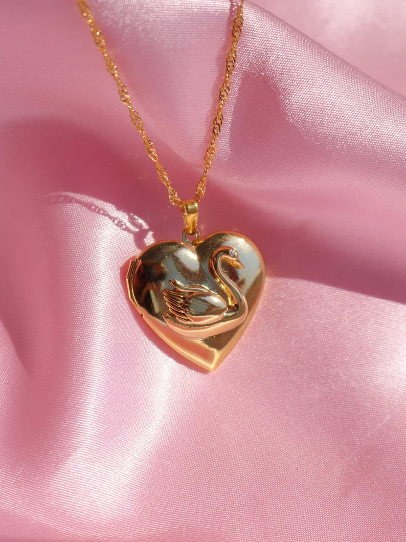 Swan Princess Odette Heart Amulet Necklace, Gold or Silver Plated Locket Heart Necklace